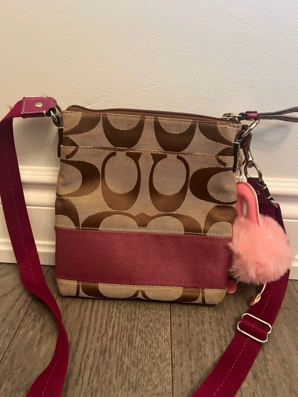 Coach Brown Signature Crossbody with Pink Trim and Pom Charm - Picture 6 of 11